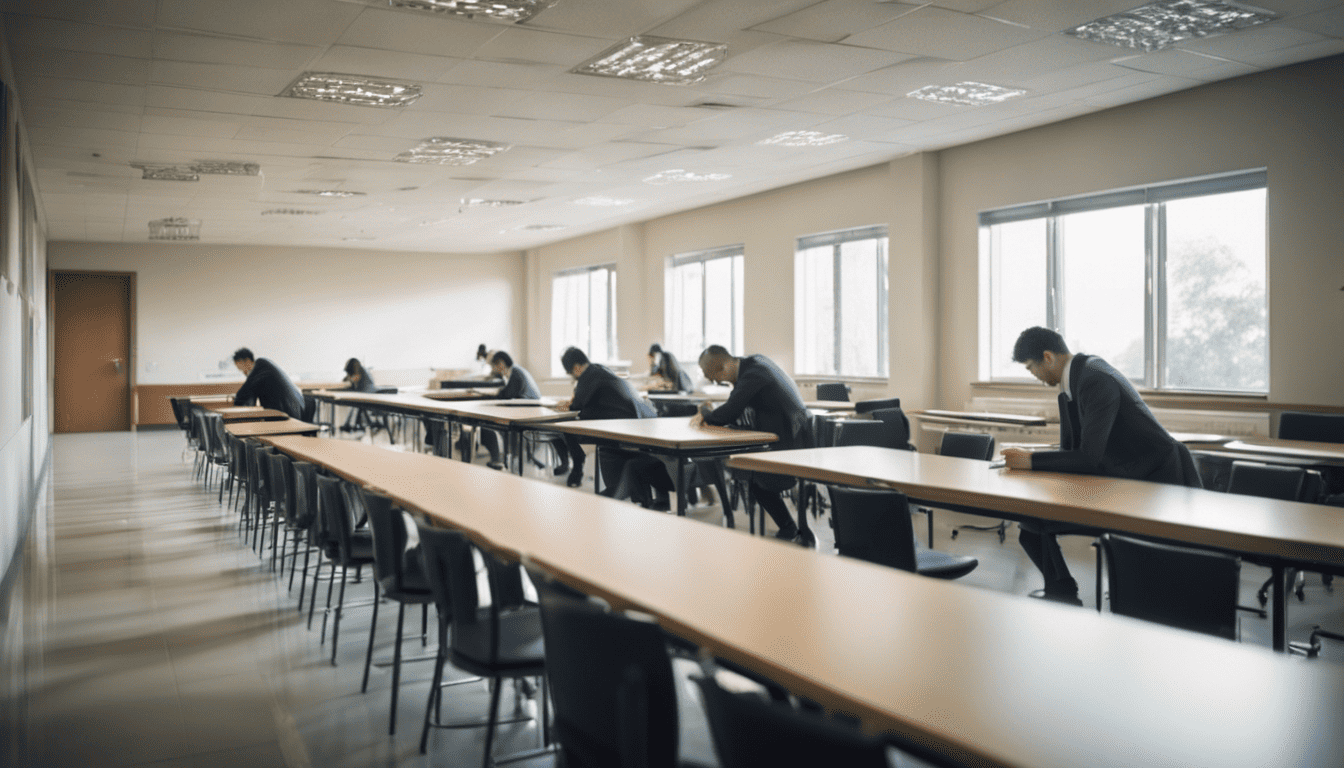 Actuarial candidates engaged in an exam in a cinematic setting