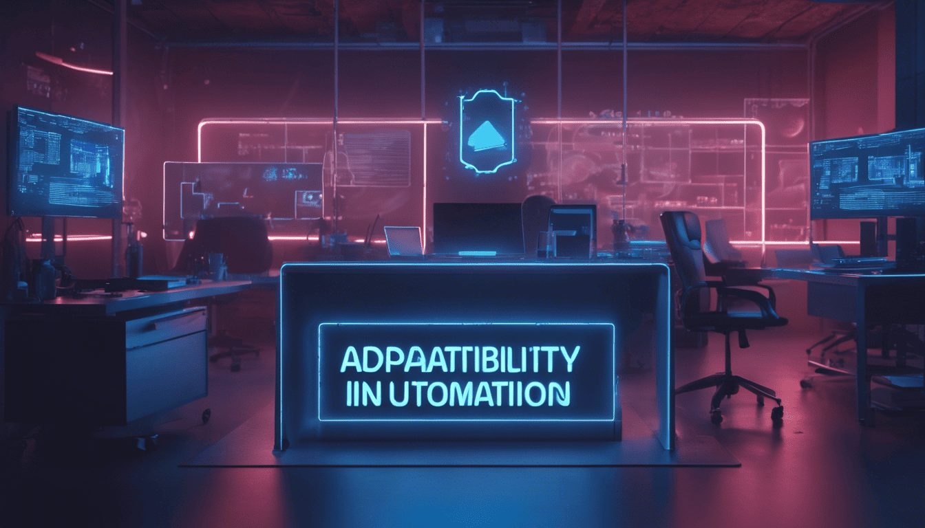 Cinematic hologram of 'Adaptability in Automation' text in a high-tech workspace with IDEs and digital tools.