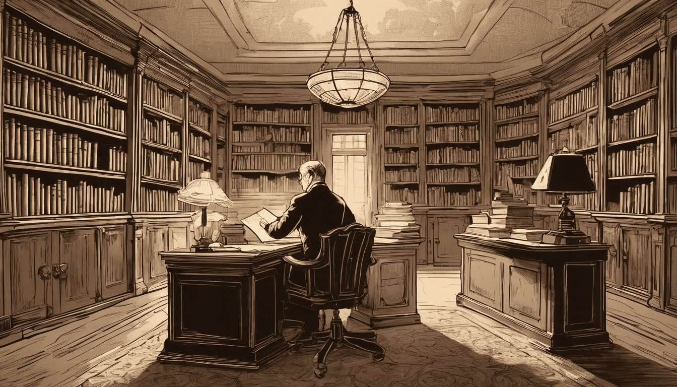 Administrative coordinator working in an antique library with sepia-toned line art style