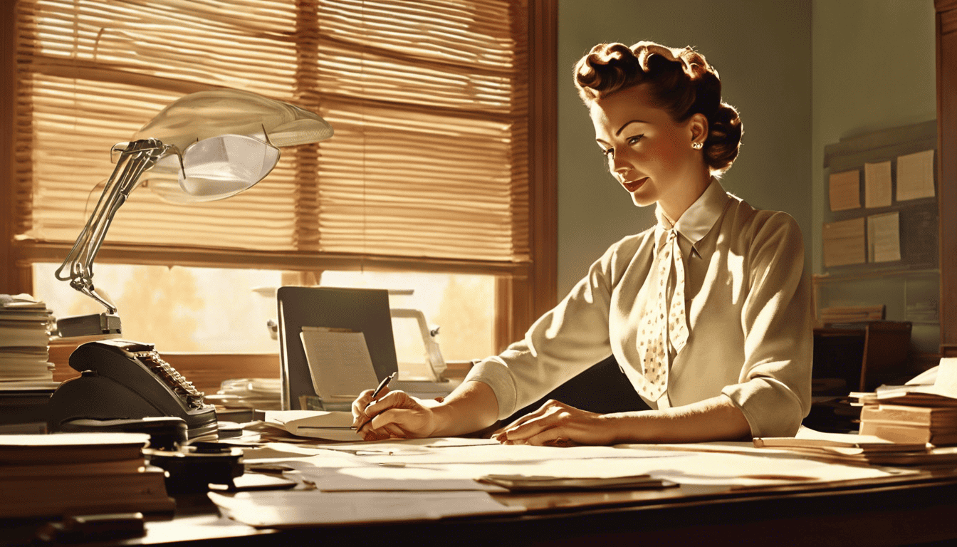 Norman Rockwell style image of an administrative manager at work in a vintage office setting.