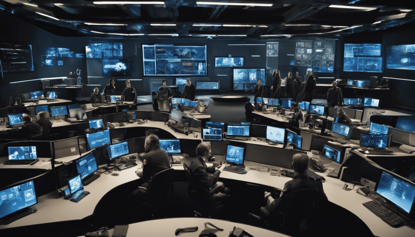 ADT security professionals engaged in tactical discussions in a futuristic command center.
