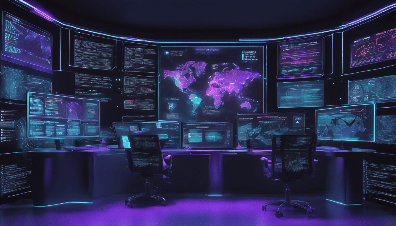 Command center with AI-driven loss prevention and holographic cybersecurity displays.