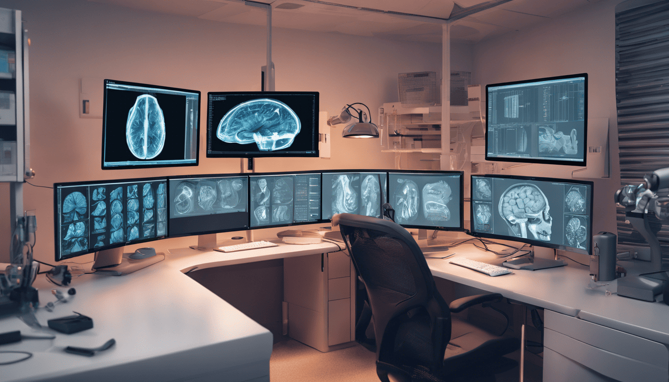 AFNI software on dual monitors with brain imagery in a well-lit research lab.