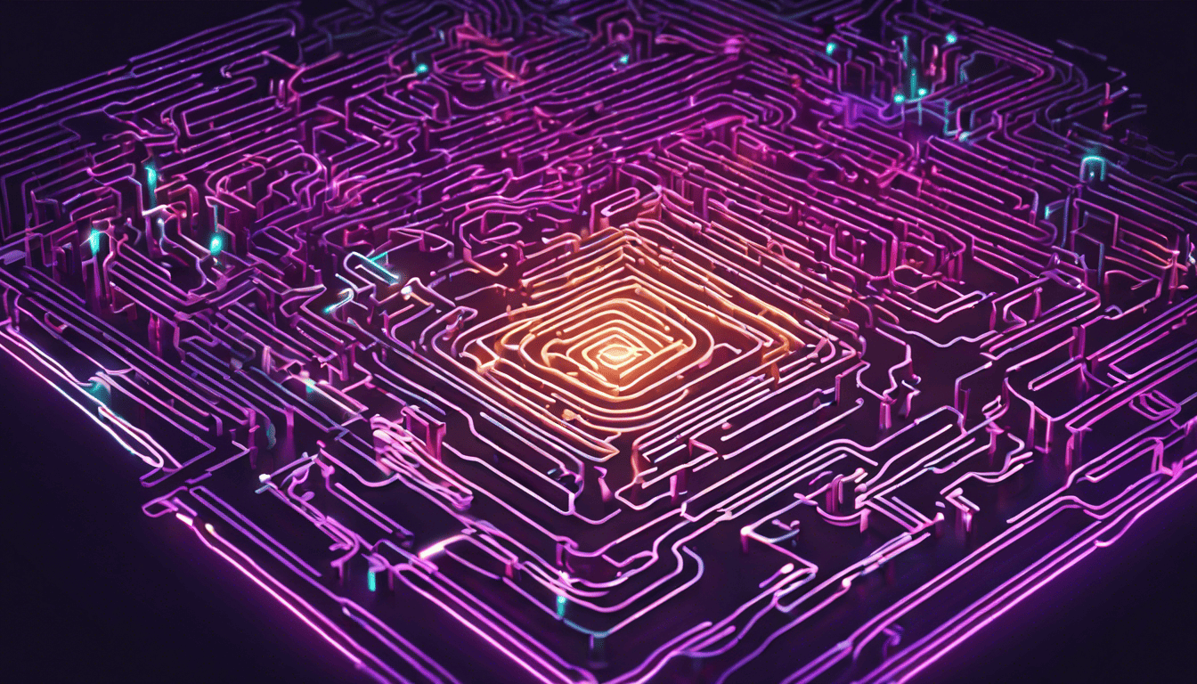 Isometric view of an AI Multithreading Maze with ambient neon lighting and code snippets