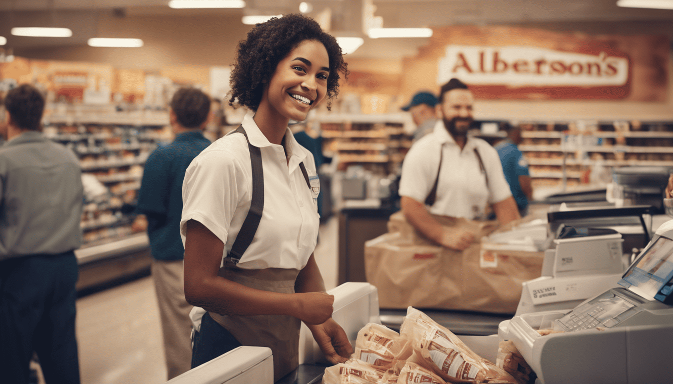 Cinematic image of Albertsons checkout line with a close-up on hiring poster