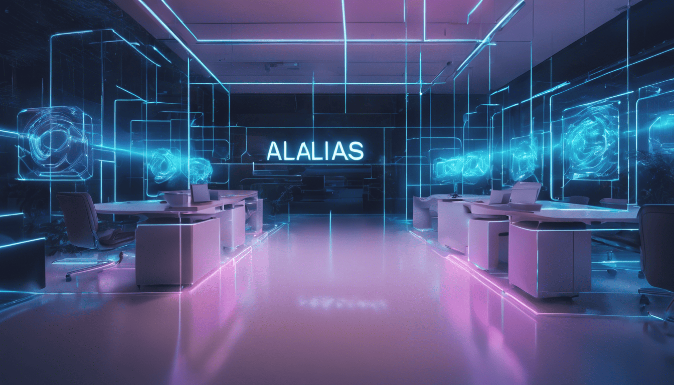Futuristic holographic office showcasing strategic alias management
