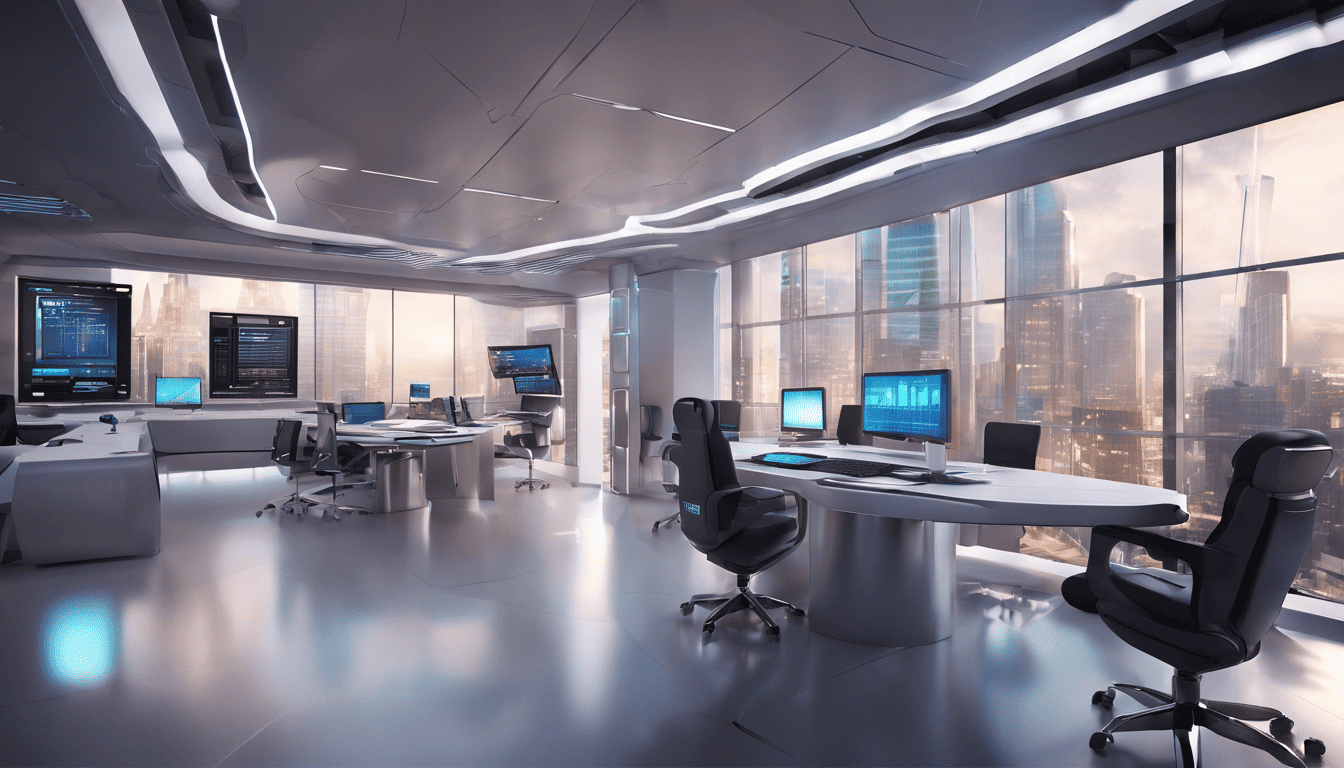 Futuristic office with high-tech gadgets, financial charts, and a collaborative atmosphere.