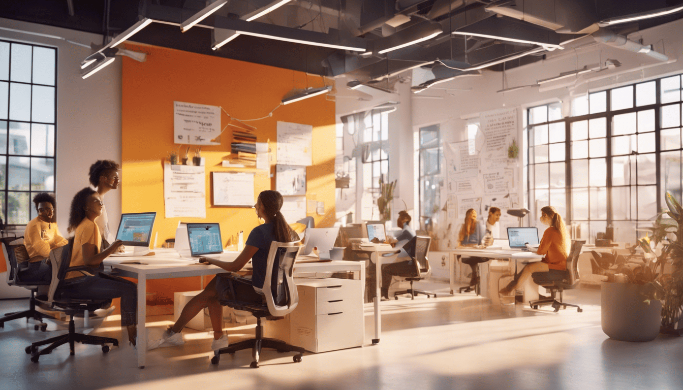Amazon interns in a bright, technology-filled office