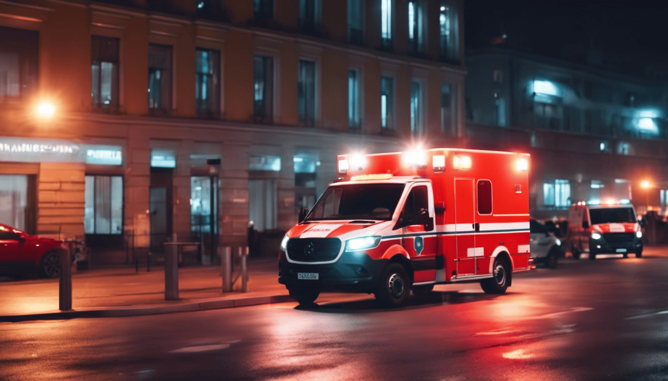 Cinematic image of paramedics in action during nighttime with ambulance lights