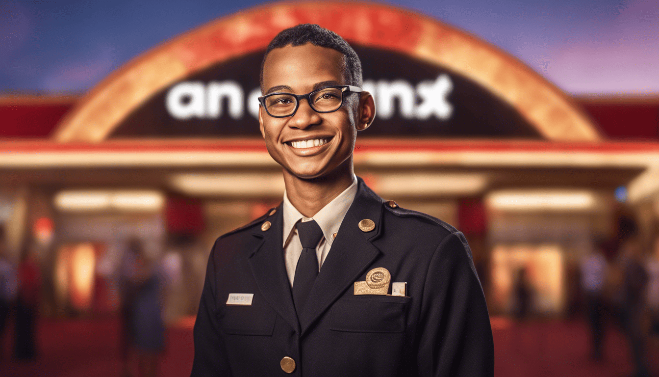 AMC theater employee smiling warmly, premiere event backdrop