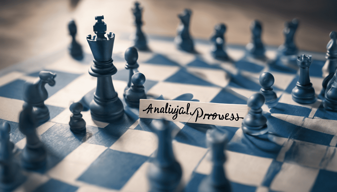 Text 'Analytical Prowess' overlaid on a focused chess board with strategic game position, in a corporate setting.