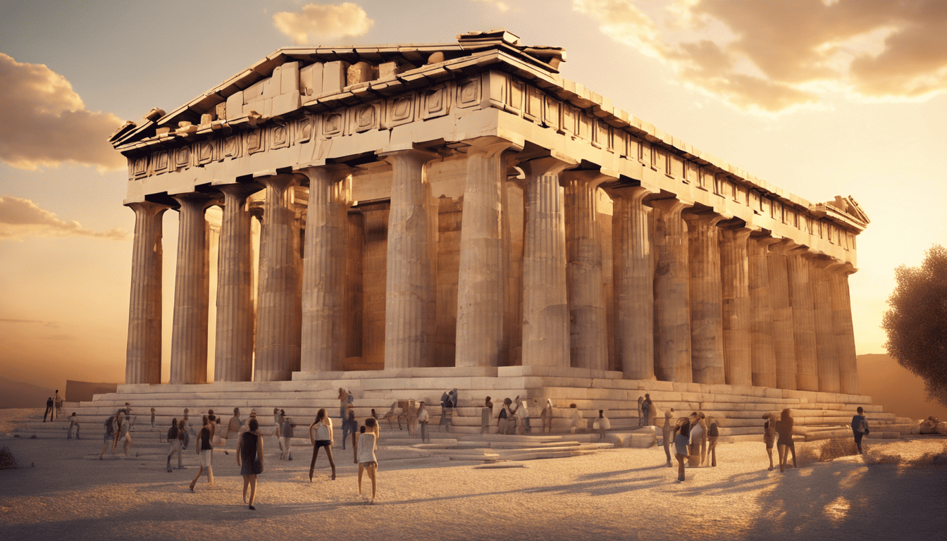 Cinematic scene of students engaged in Greek life recruitment at the Parthenon.