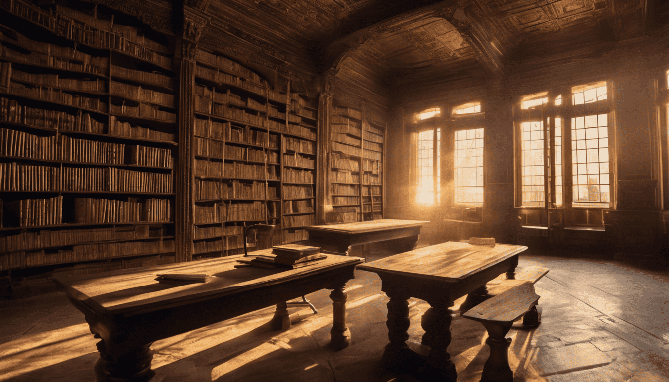Photograph of an ancient library with embedded systems books and warm, focused lighting