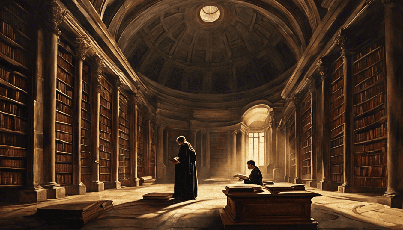 Scholar studying in an ancient library lit by a central dome
