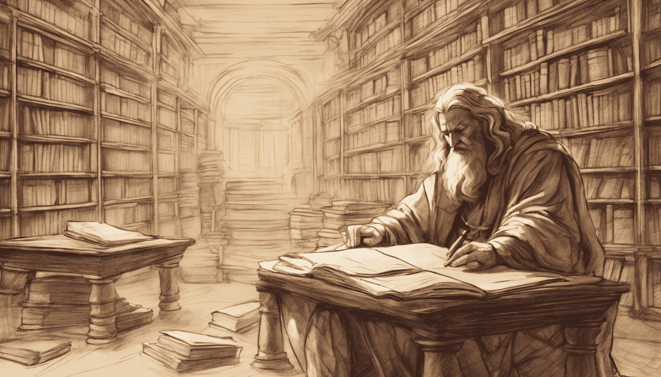 Ancient library with React wisdom scrolls and focused student, in Da Vinci sketch style.