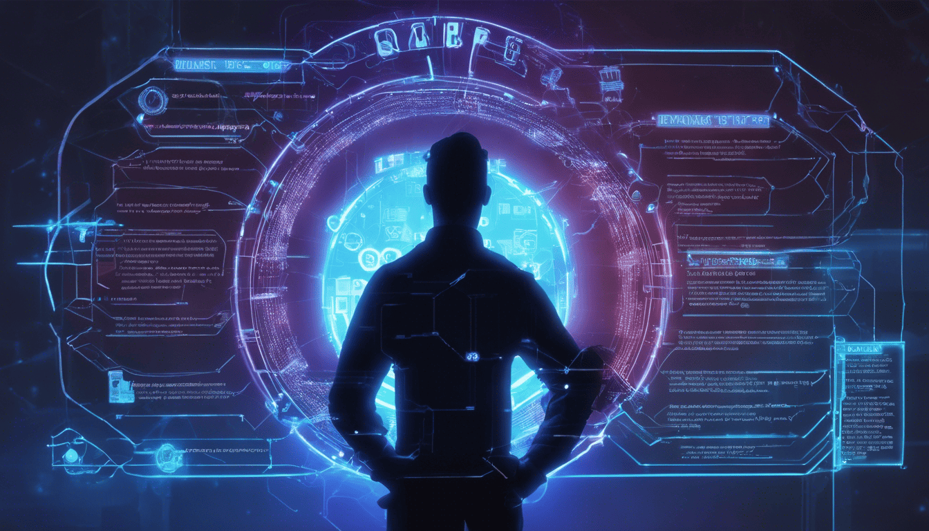 Holographic Ansible interface in a server room with neon blue lighting and a DevOps engineer silhouette.