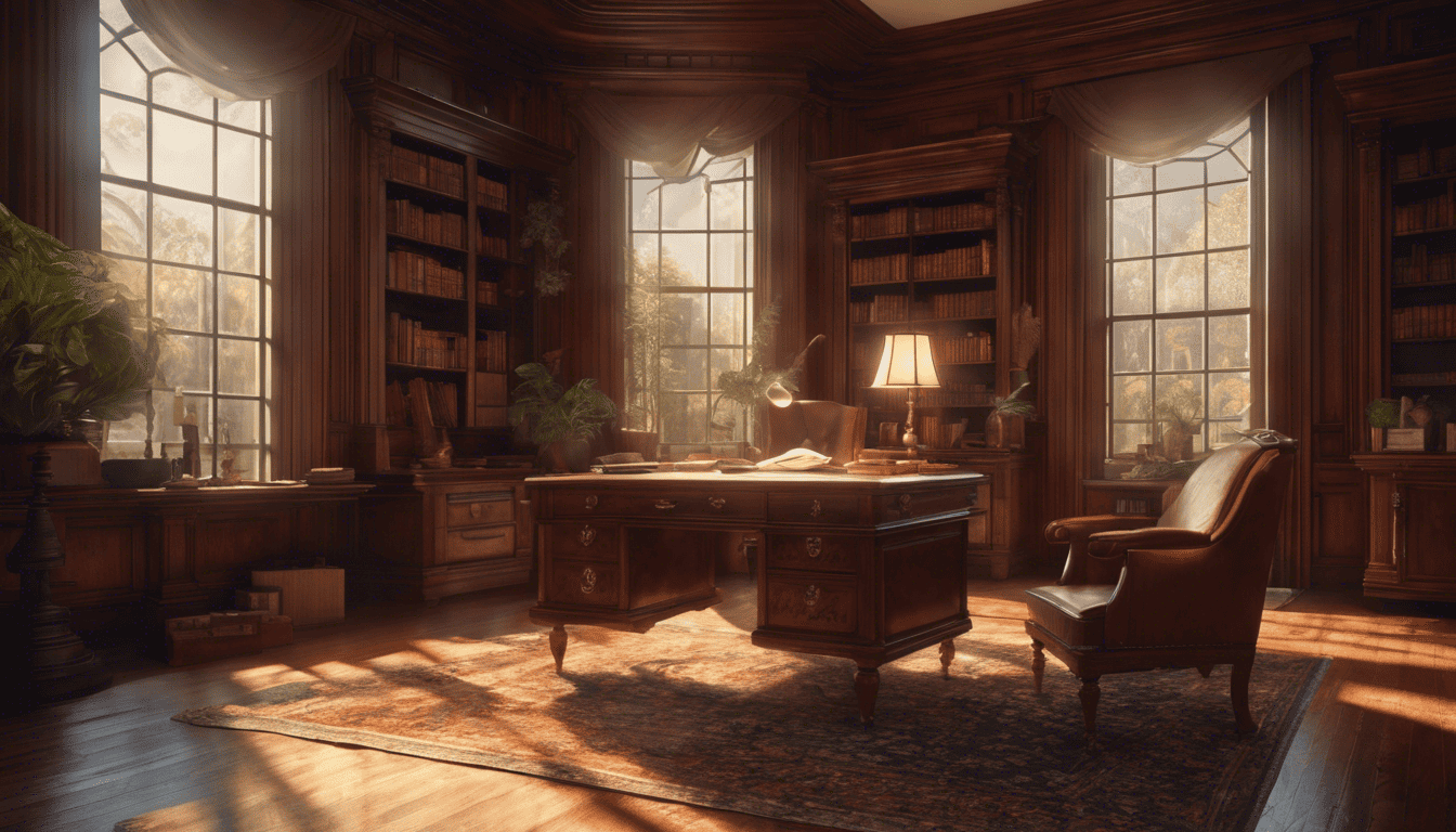 Antique study room with sunlight and property management details