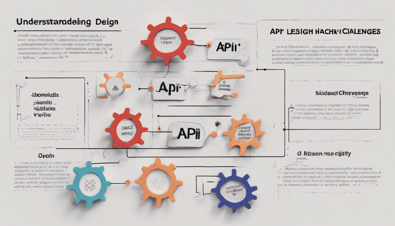 Conceptual flowchart with text 'Understanding API Design Challenges', code snippets in background.