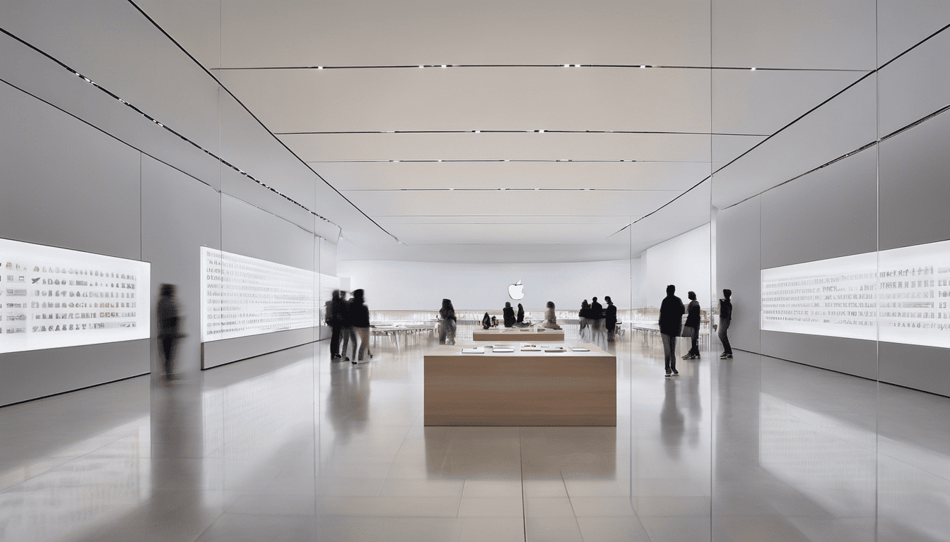 Apple store minimalist design with reflective hiring text