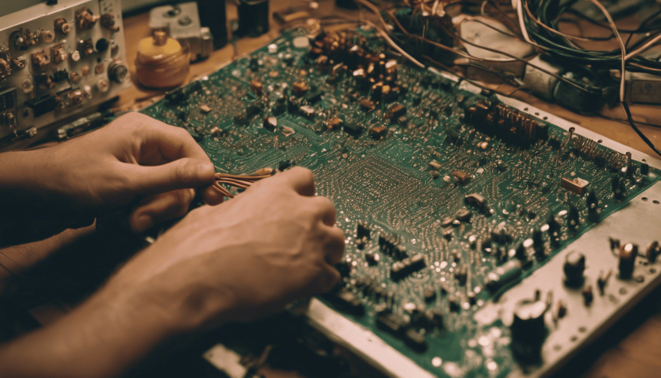 Electrician apprentice wiring a circuit board in vintage-style workshop