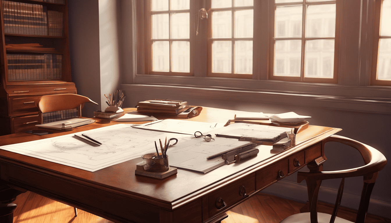 Blueprints of software design patterns on a vintage mahogany architect's desk, in photographic style with focused lighting.