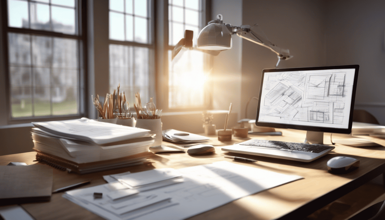 Detailed 3D model of a building on an architect's desk with sunlight
