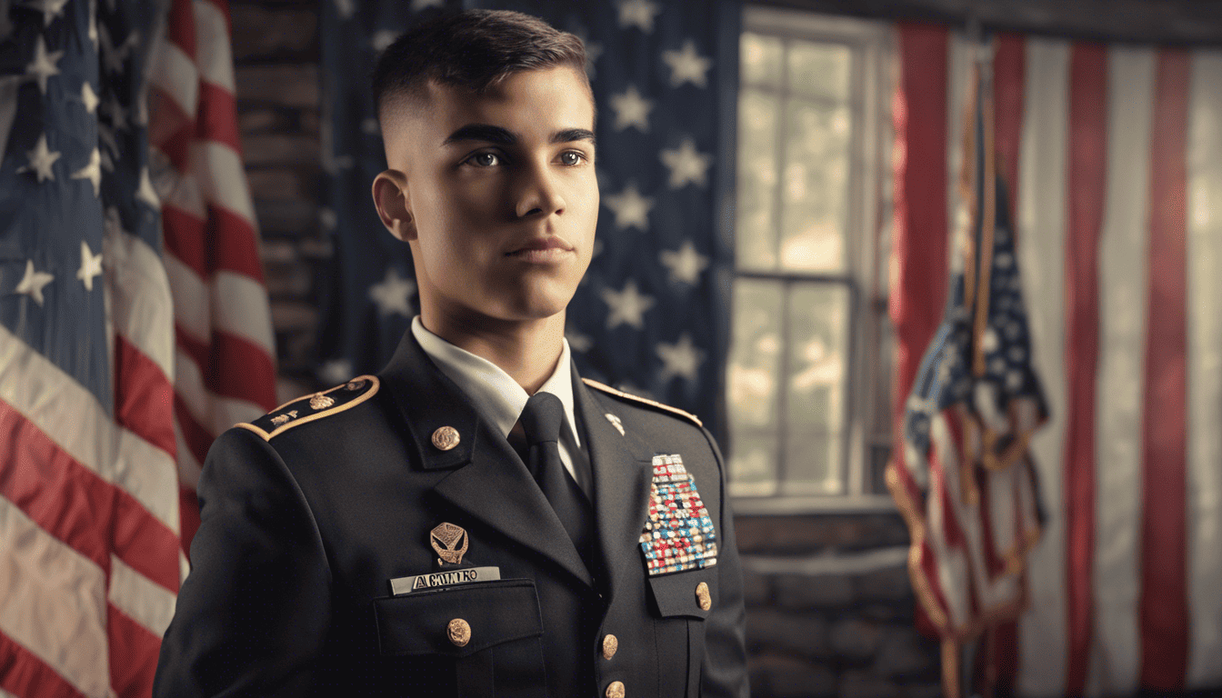 ROTC cadet in uniform during an interview with American flag and ROTC emblem background