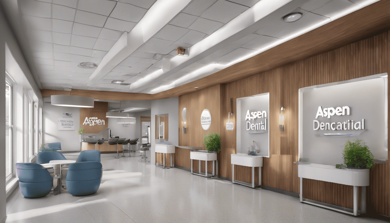 3D rendered image of an inviting Aspen Dental clinic lobby with the text 'Navigating Aspen Dental's Hiring Process' prominently displayed.