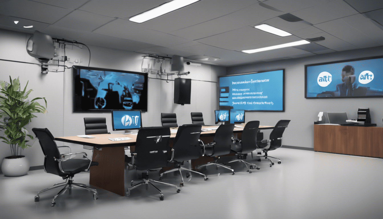 3D rendered AT&T interview room with candidates and technology-themed decor