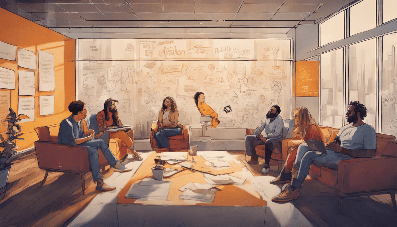Cinematic image of a diverse team at Audible collaborating in a studio with text etched on glass