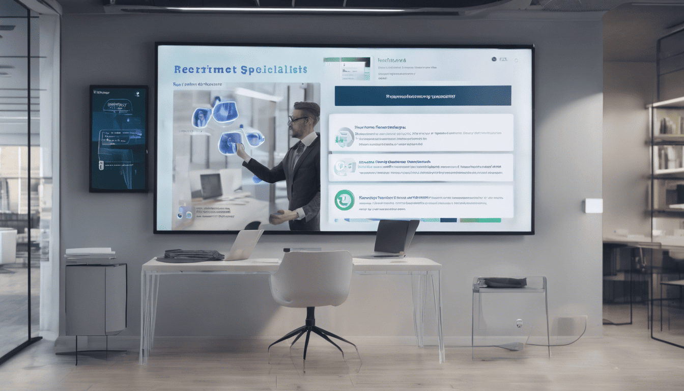 Futuristic digital HR dashboard displaying recruitment role insights