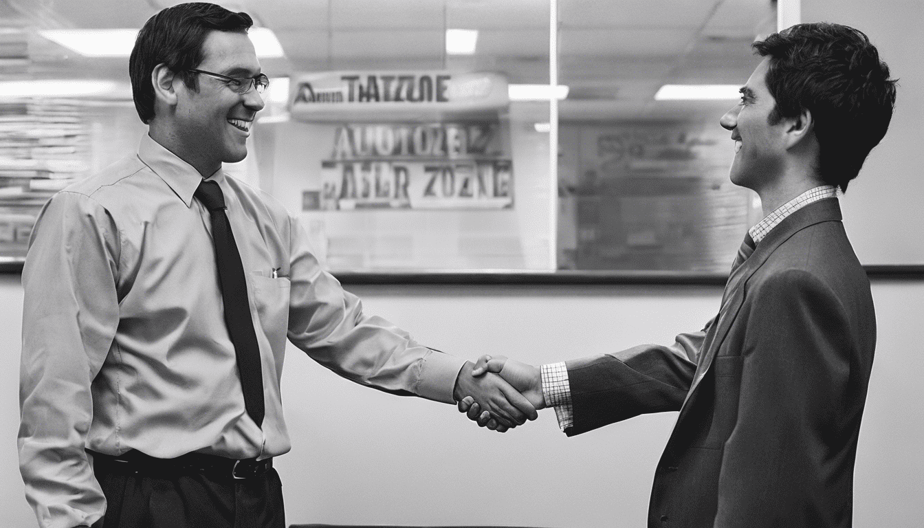 A candidate confidently shaking hands with an AutoZone interviewer in a professional setting