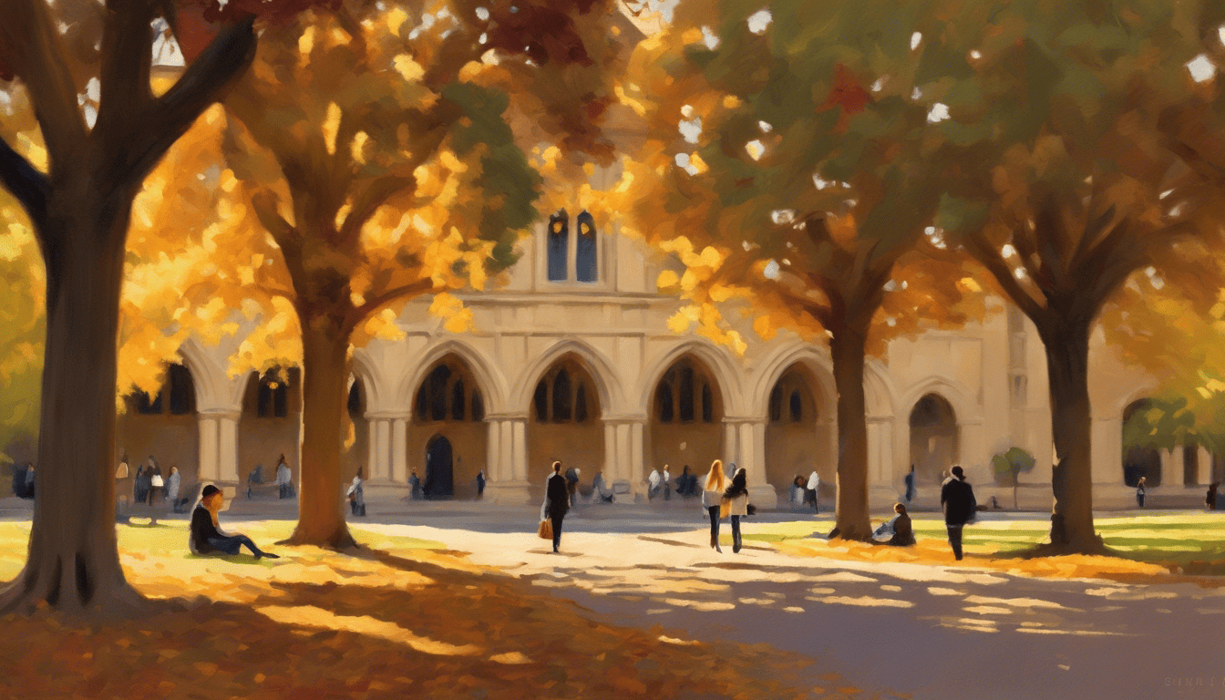 Oil painting of Stanford's Main Quad in autumn with students.
