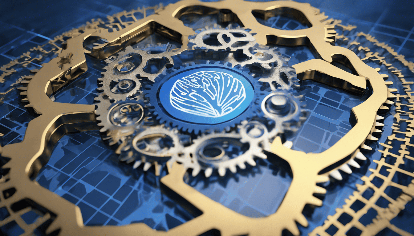 3D model of a golden gear with AWS Glue Expertise etched, surrounded by silver gears and blue light