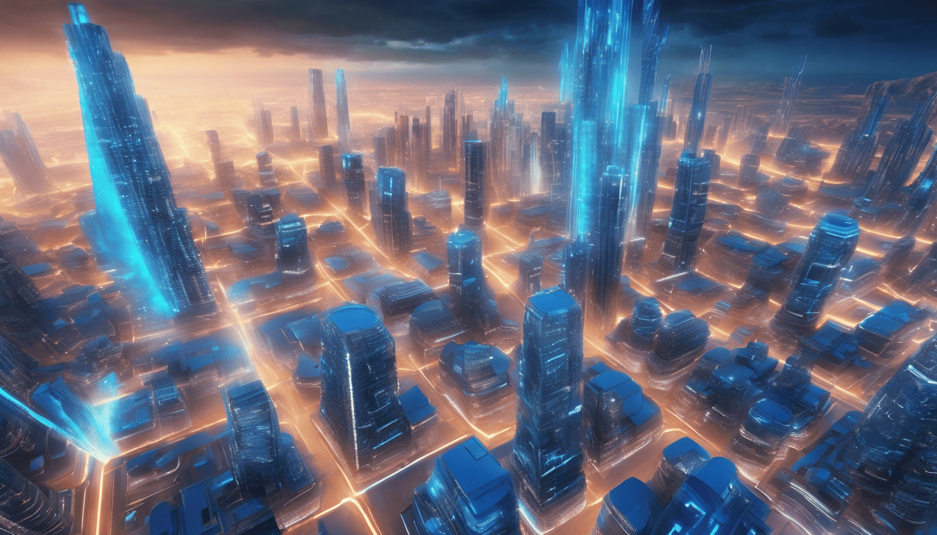 Abstract digital cityscape with holographic code streams symbolizing Azure Functions.
