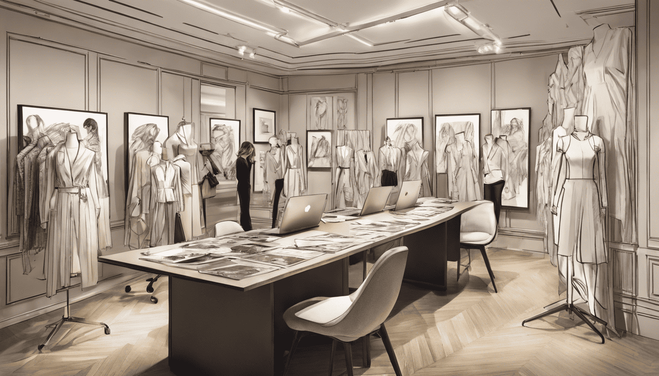 Banana Republic interview room with fashion sketches and golden hour lighting