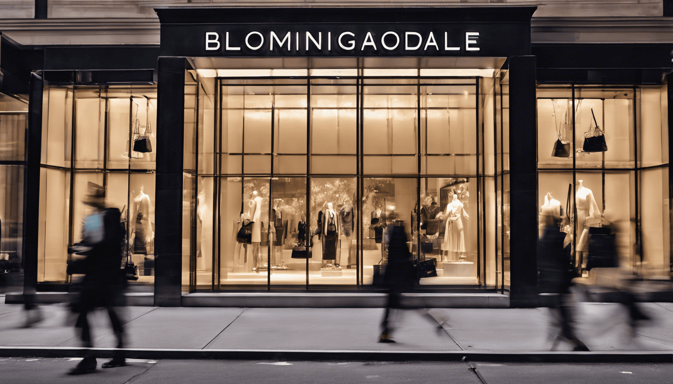 Bloomingdale's department store front with sophisticated window displays and city shoppers in evening light