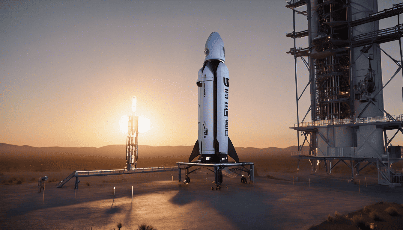 New Shepard spacecraft at Blue Origin launchpad during sunrise with detailed modeling and dynamic lighting
