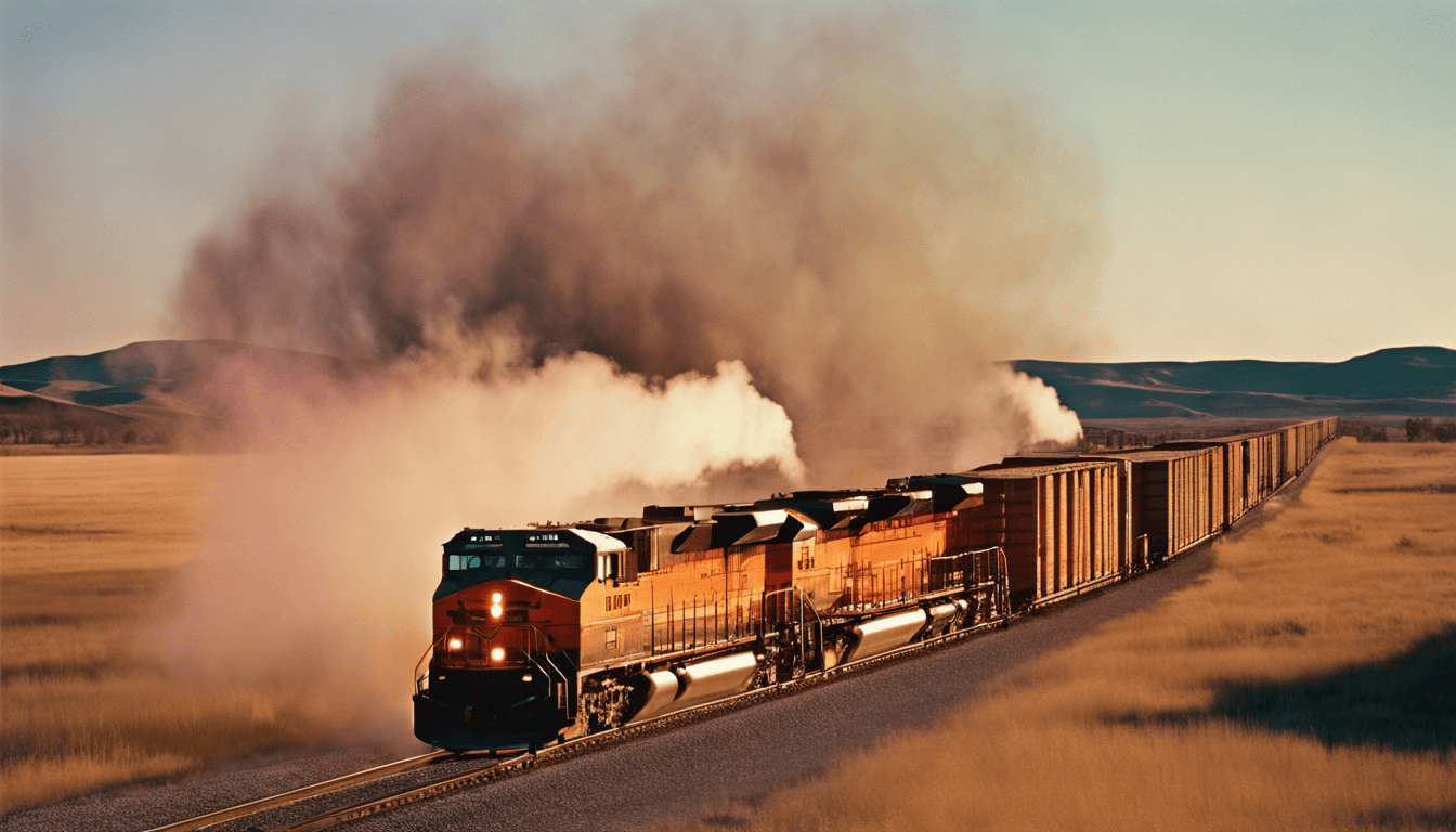 BNSF locomotive steaming through a vivid prairie at sunset in analog film style.