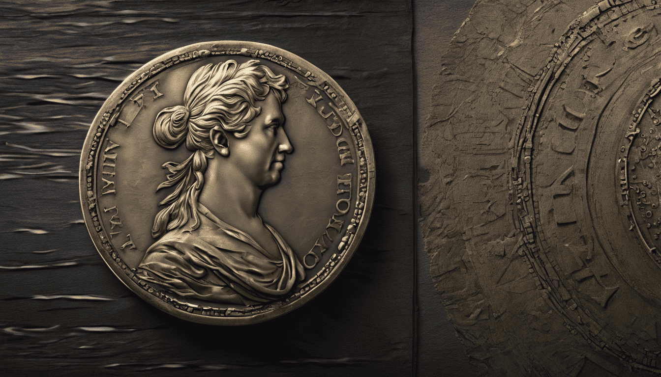 Old master's painting of BNY Mellon's legacy, a vintage coin and ledger with chiaroscuro lighting.