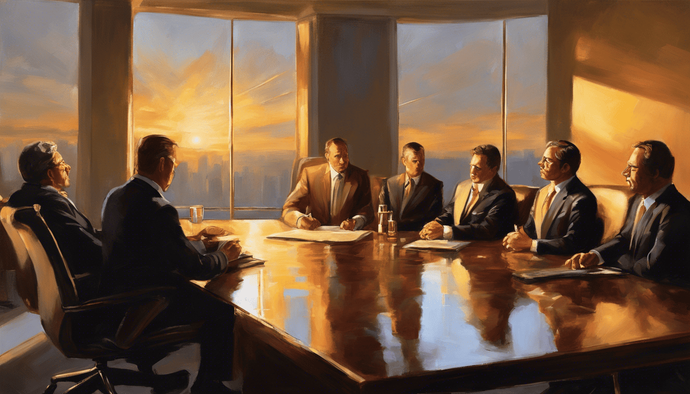 Senior managers in an intense boardroom discussion with golden-hour lighting in oil painting style.