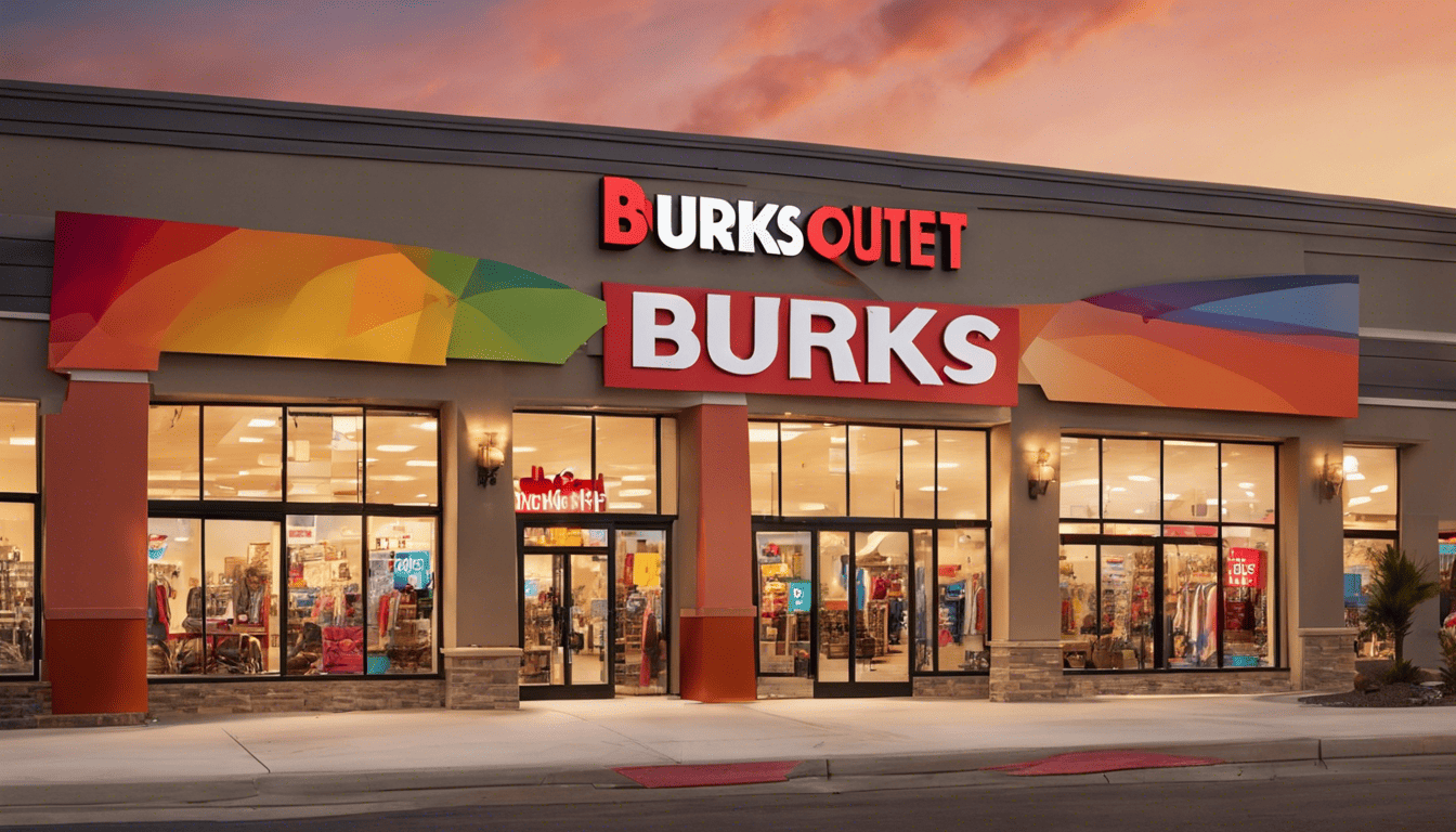 Cinematic image of Burkes Outlet storefront glowing in sunset