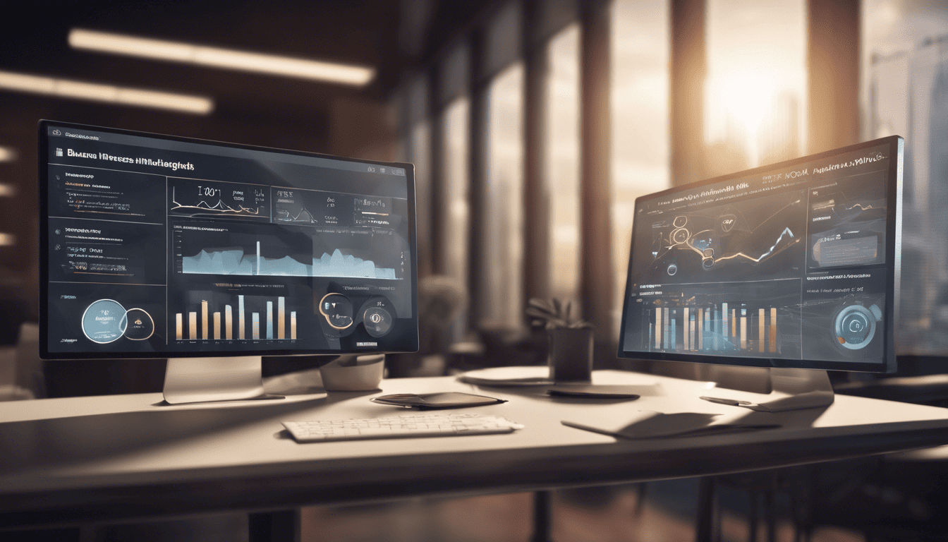 Cinematic office dashboard displaying Business Intelligence insights