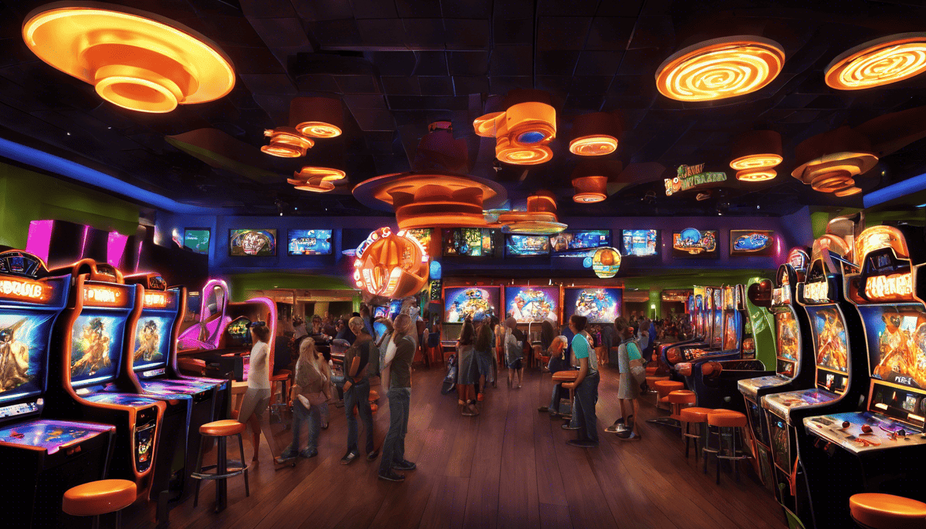 Cinematic image of a lively Dave and Buster's arcade