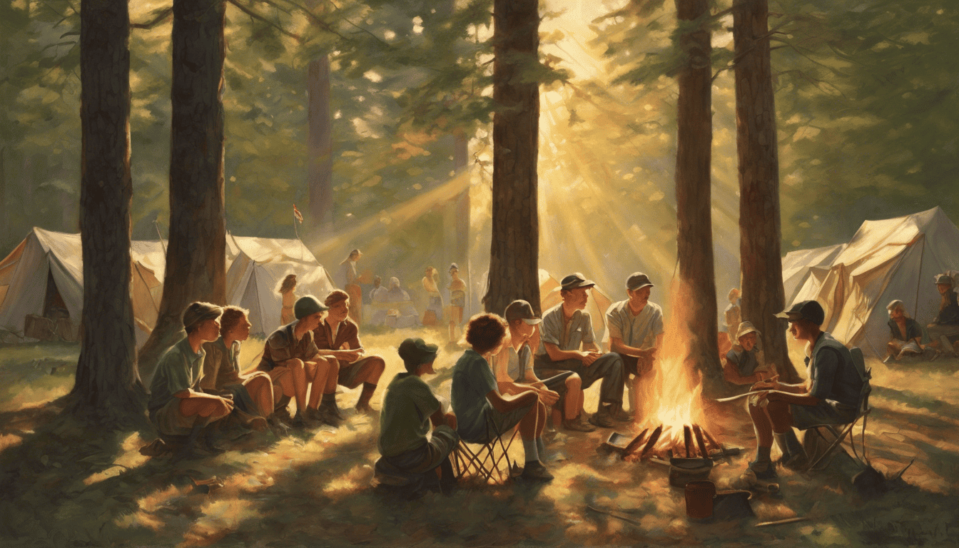 A warm and nostalgic painting of campers around a bonfire at sunrise with 'Insights on the Role of a Camp Counselor' text.