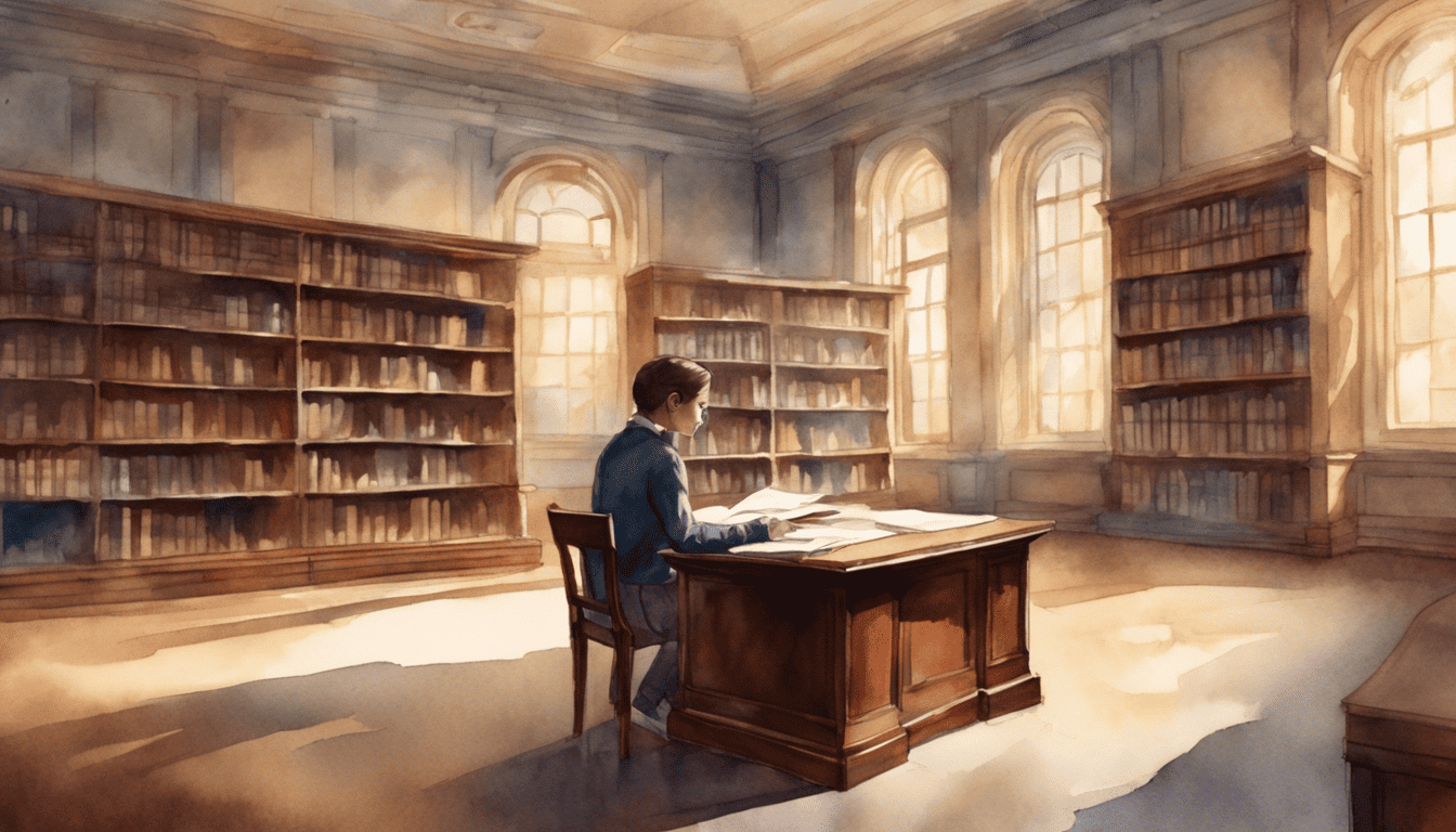 Hopeful young scholar rehearsing in library with soft lighting
