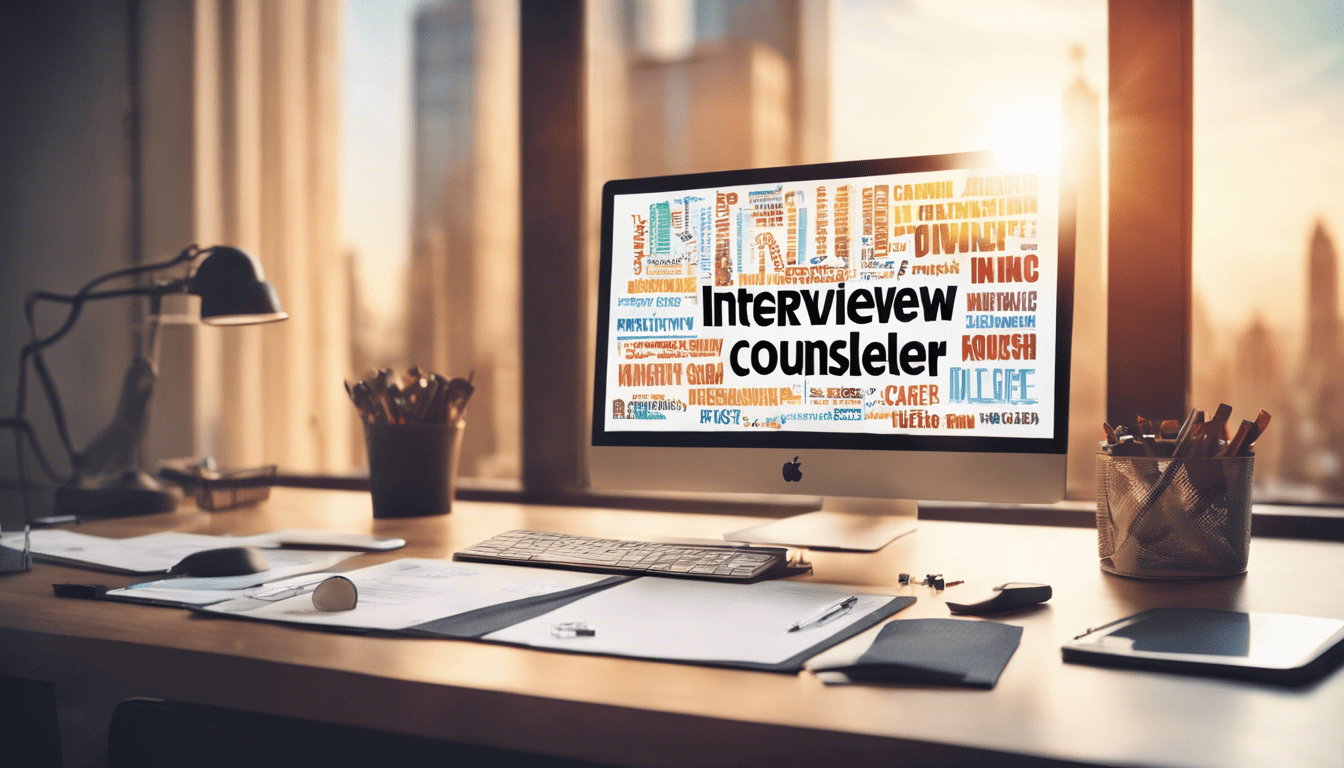 Text about career counselor interview on an office desk with city view