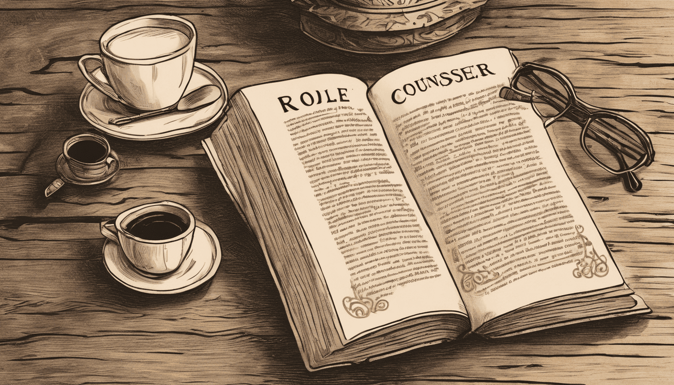Line art of an open book with 'The Role of a Career Counselor' text, career planning tools, and a warm study ambiance.