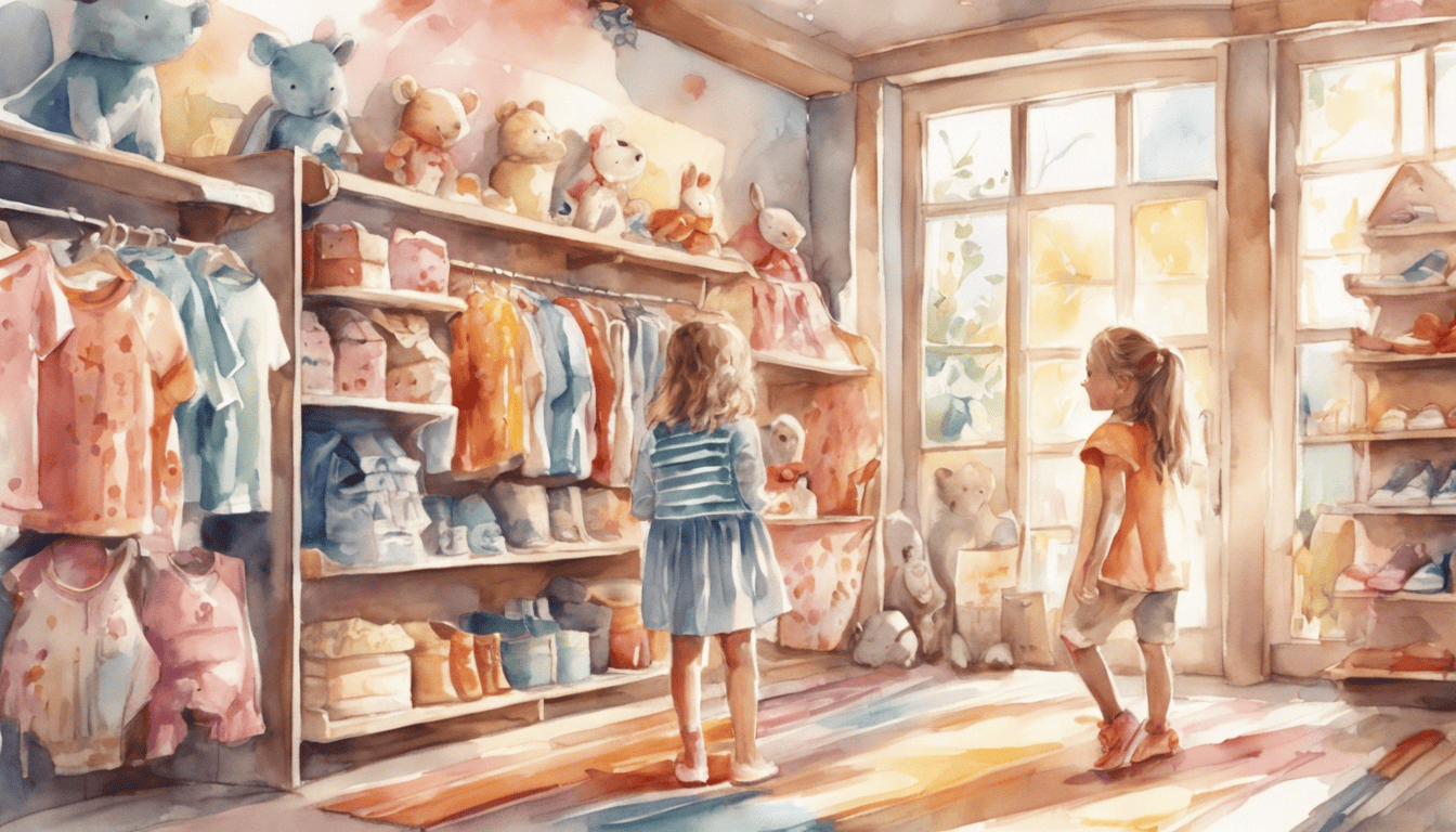 Watercolor painting of a lively children's clothing store in the morning sun