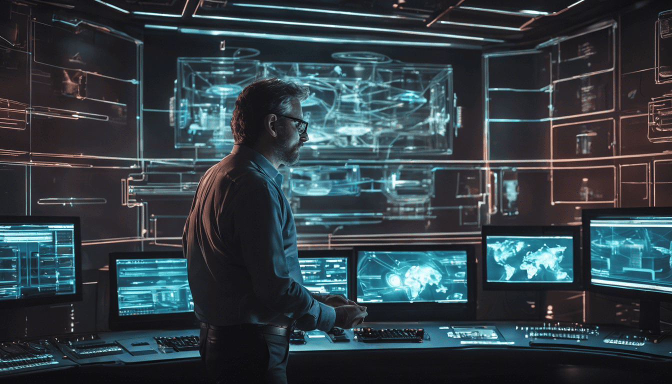 CCNA professional with holographic network maps in a futuristic control room